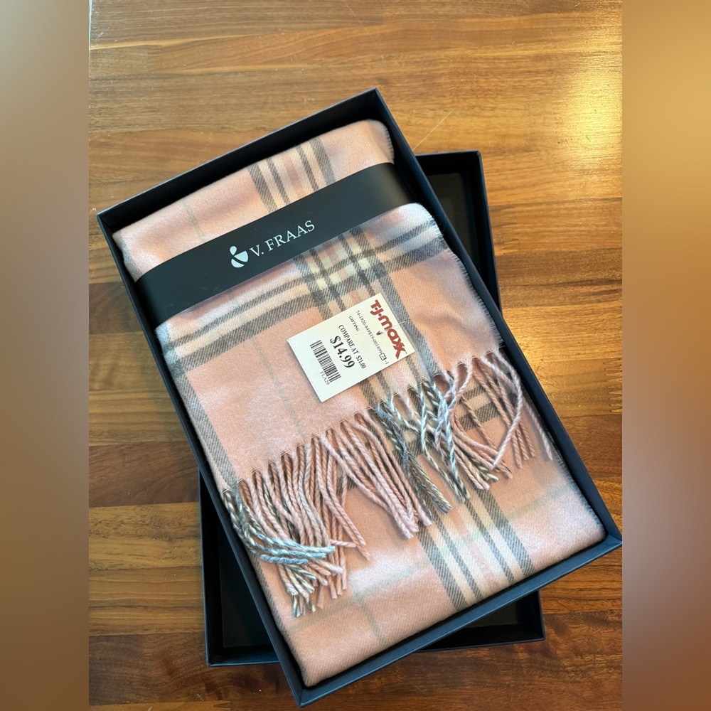 V. FRAAS Soft Pink and Gray Checkered Cashmere-like Scarf